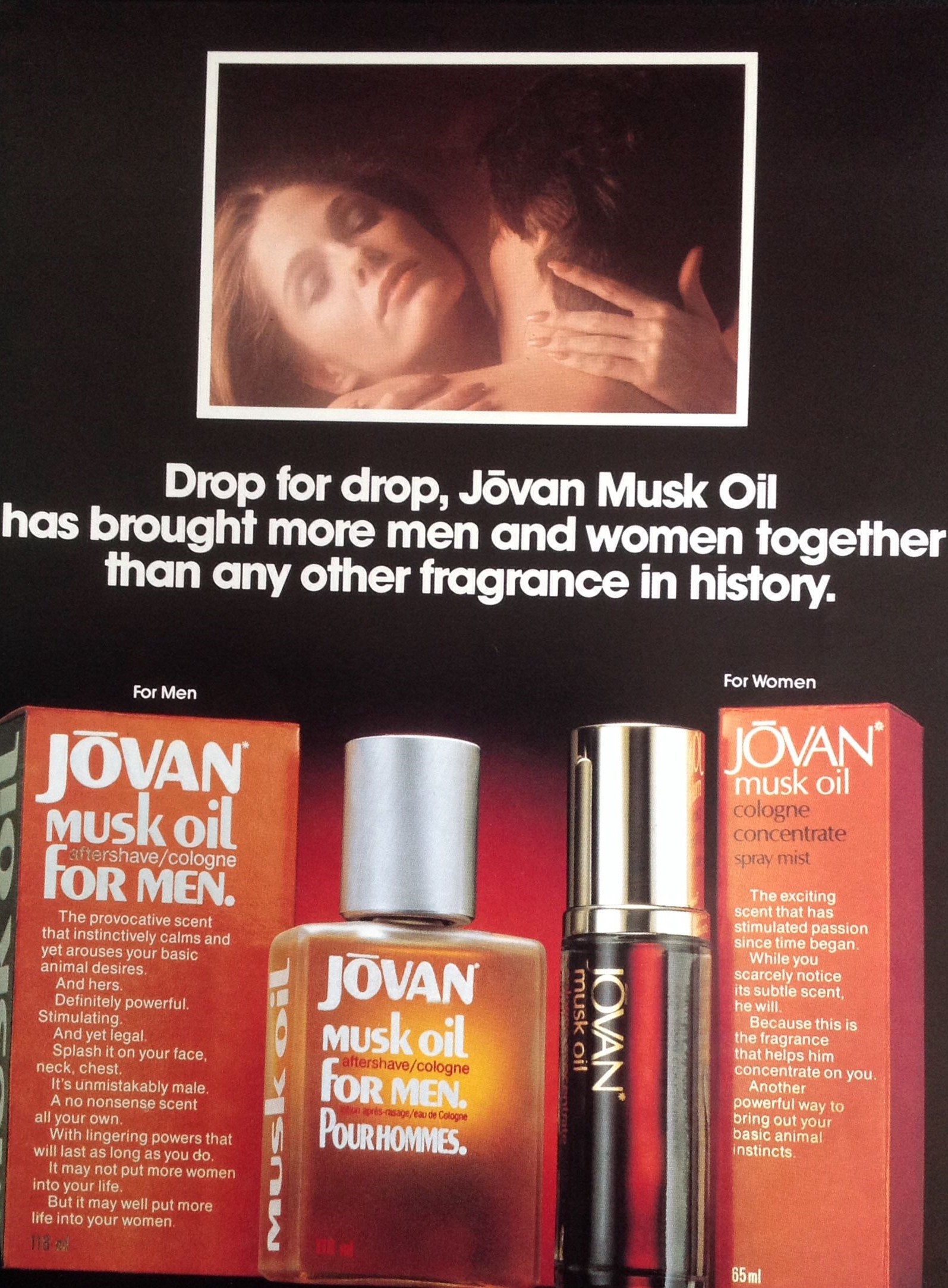 Jovan retro musk for men oil advertisement with couple embracing